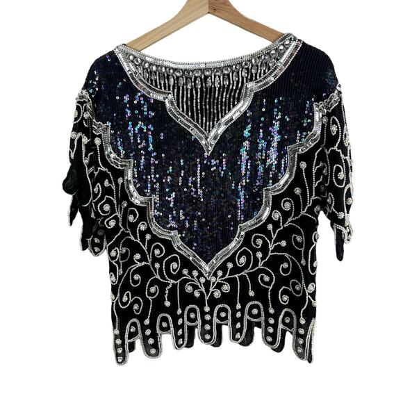 Vintage 80s Frank Usher Black Silk Heavily Sequin Beaded Blouse Evening Top M - Picture 2 of 10